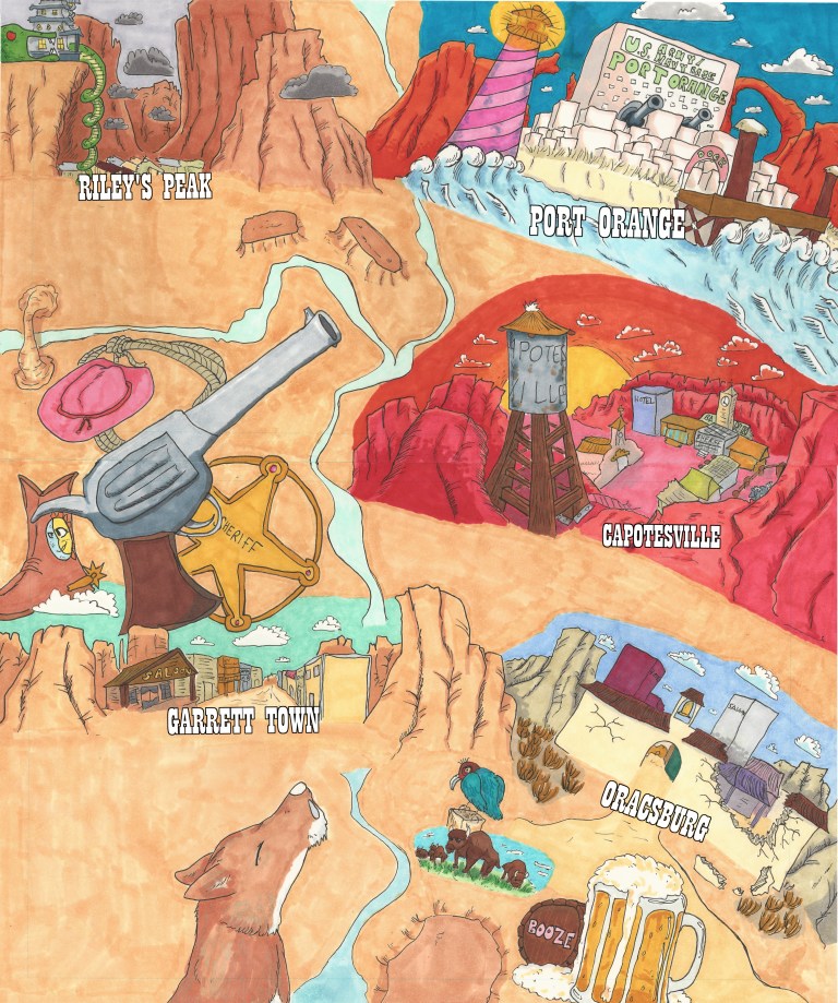 Coloring with alcohol markers, line art with multiliner ink. This piece is the background art for the board game adaptation of the Meir Katz series called "Best of the West." It features illustrations of various towns and settings from the series' storyline.