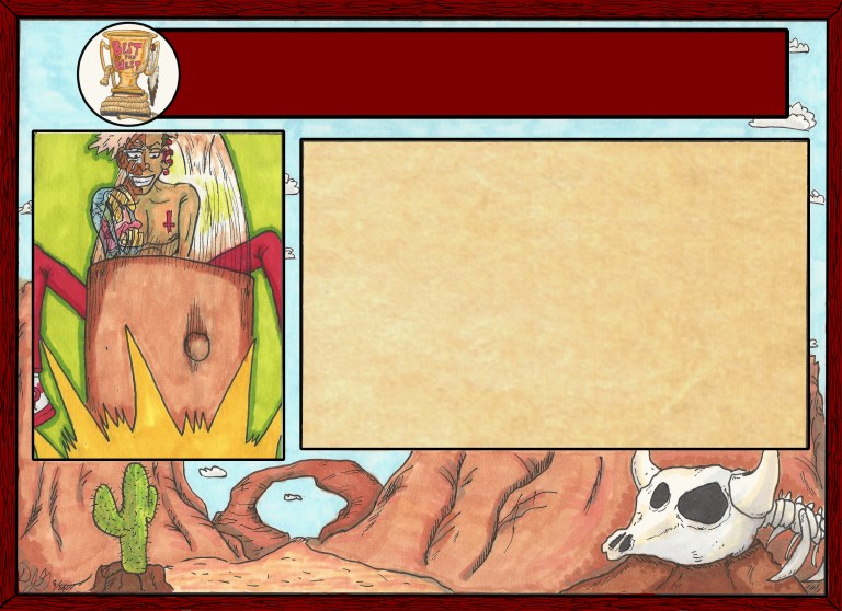 Coloring with alcohol markers, line art with multiliner ink. This piece is an example of the cards used during gameplay, without text added.