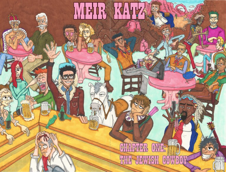 Coloring done with alcohol markers, line art done with multiliner ink. This piece is what is known as a double spread, where two pages have one image printed over both pages. It's the kind of like the first poster of the series, and is done in color to catch readers' attention and set up the mood of the rest of the series.